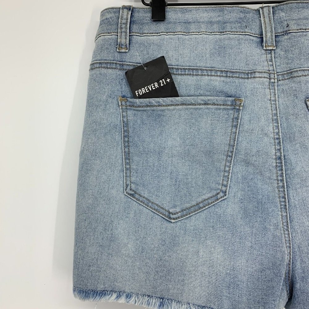 Forever 21 Denim Shorts Button Fly Blue Distressed Denim Fray - Picture 7 of 9